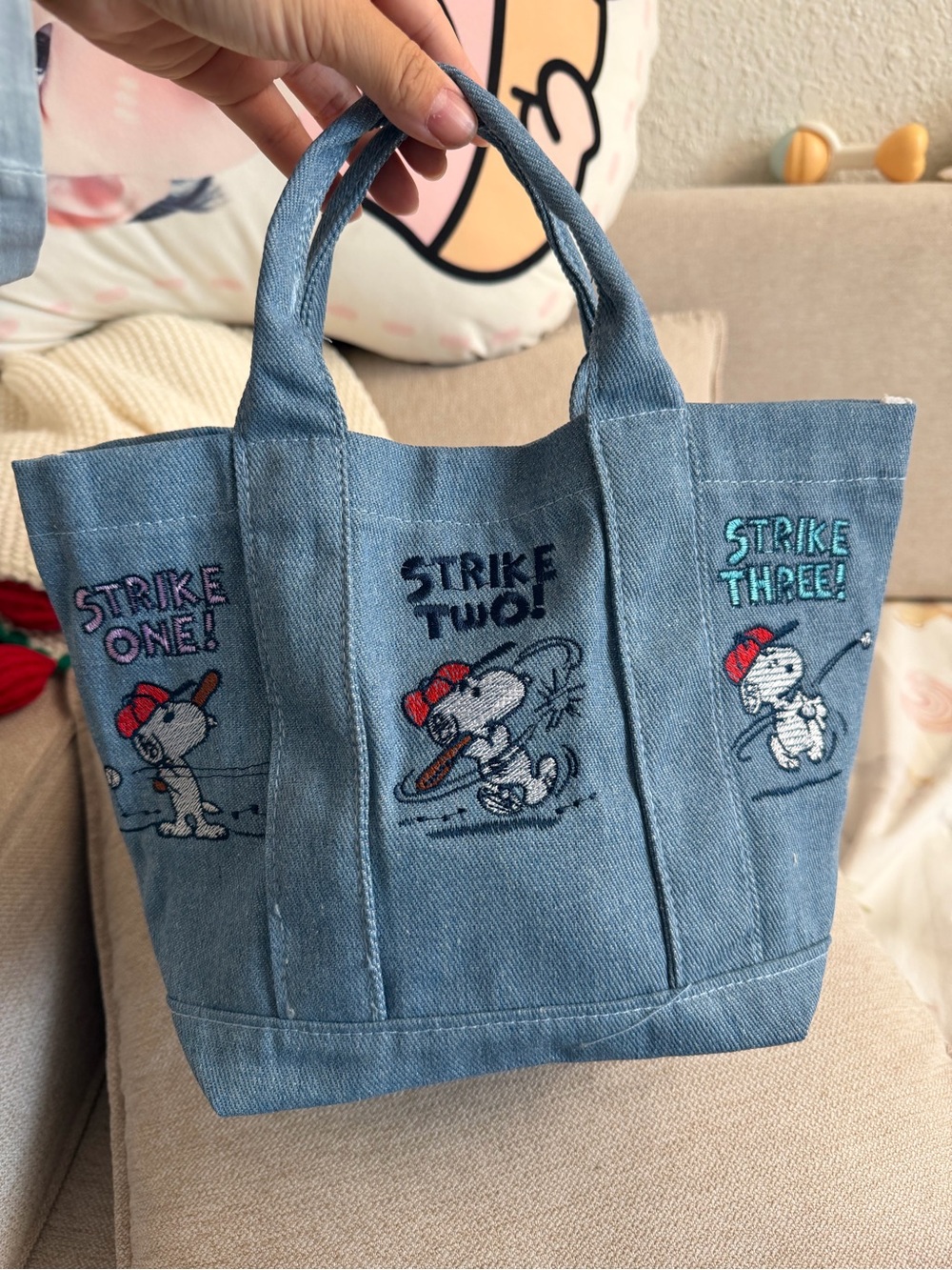 Denim Blue Snoopy Baseball Tote Bag